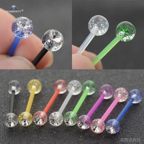 Starbeauty 2Pcs Crystal Top Soft Acrylic Bar Tongue Piercing Flashing Sequins Tongue Rings Plastic Sexy Nipple Ring Body Jewelry
