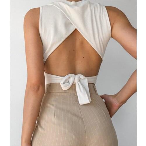 Sexy Backless Crop Tops Summer Sexy O Neck Ribbed Streetwear Back Bandage Knitted Slim Tank Tops Criss Cross Top