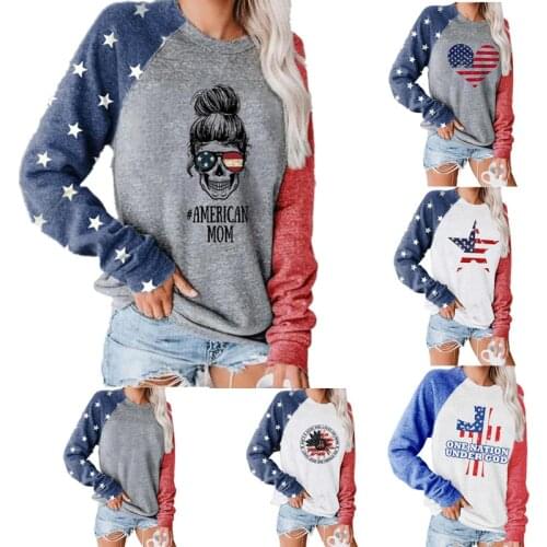 Street hipster pullover sweater Tee American flag skull female print t-shirt long sleeve pullover