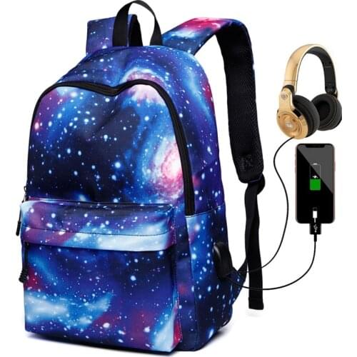 Ladies Fashion Cool Starry Sky Printed USB Charging School Bag Backpack Mountaineering Sports Leisure Travel School Handbag