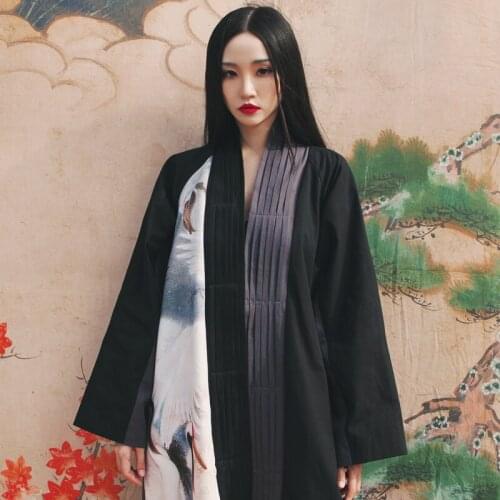 2020 Woman Japanese Kimono Crane Print yukata jacket Spliced long Coat