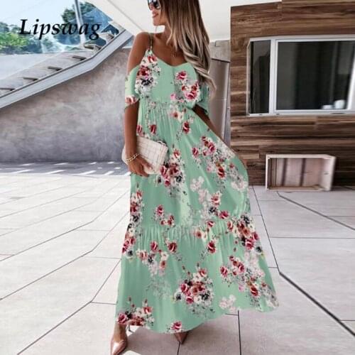 Sexy Sling Slim Elastic Waist Party Dress Women Casual Print Floral Short Sleeve Maxi Dress Summer Elegant Off Shoulder Dresses