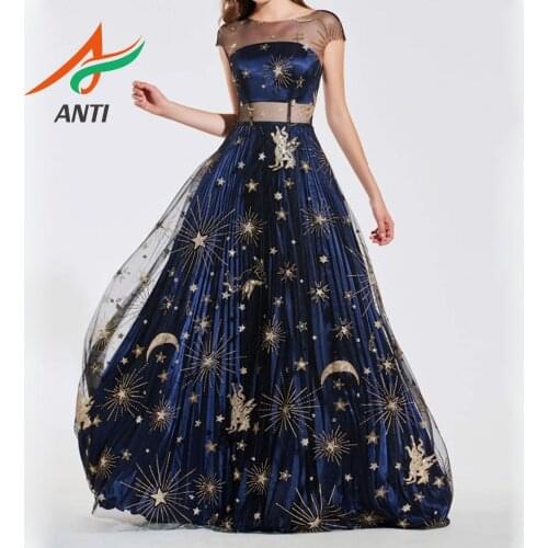 ANTI New Ocean Blue Evening Dress Long 2019 With Short Sleeves Illusion Embroidery Formal Party Gown vestidos de fiesta de noche