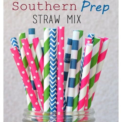 125pcs Mixed Colors Southern Prep Pink Navy and Green Paper Straws,Party, Wedding, Birhday, Events