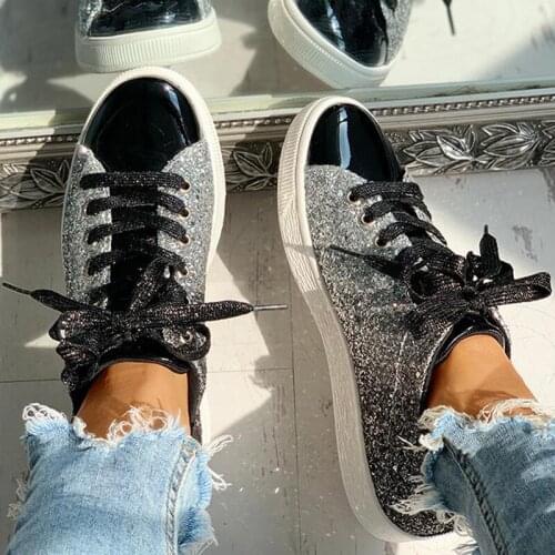 2020 Women Glitter Sneakers Split Joint Shining Rhinestone Lace UP Mix Colors Ladies Shoes Rhinestones Female Flat Shoes