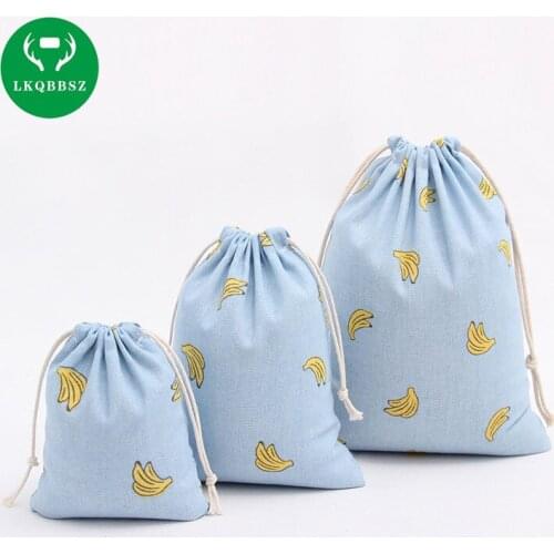 3Pcs/set Drawstring Storage Bag Linen & Cotton Banana Printed Storage Bag for Clothing Snack Sundries Toys Home Decor