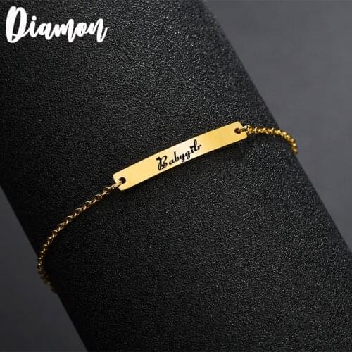 Diamon Personalized Women Bar Chain Bracelet Adjsutable Stainless Steel Engraving Letter Name Buckle Bracelets Kids Gift