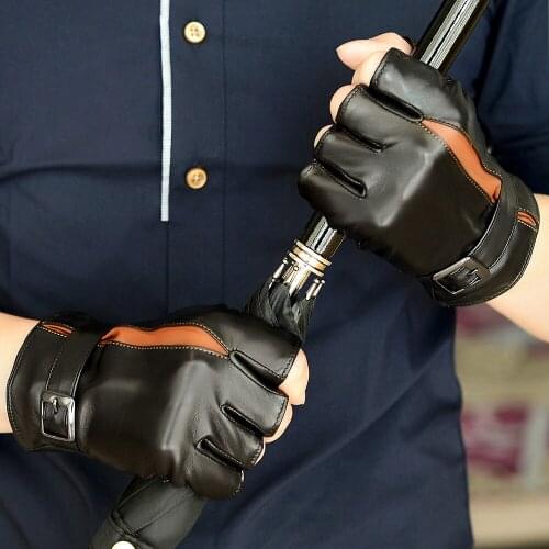 Mens Half Finger Gloves Winter Short Style Semi-Finger Leather Gloves Fingerless Fitness Leather Gloves Thin Male M-19