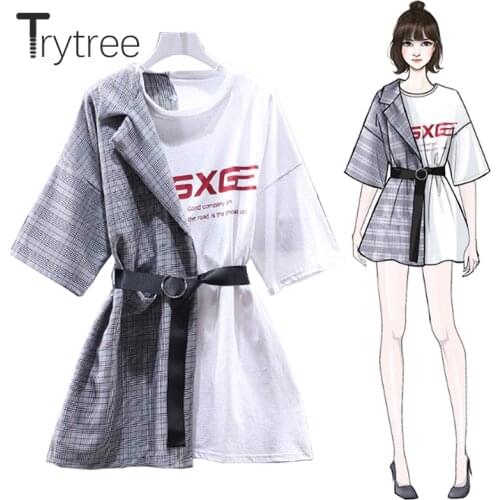 Trytree Summer T-shirt Asymmetry Women Plaid Patchwork shirts long O-Neck Sashes Above Knee Loose Black and White Casual t shirt