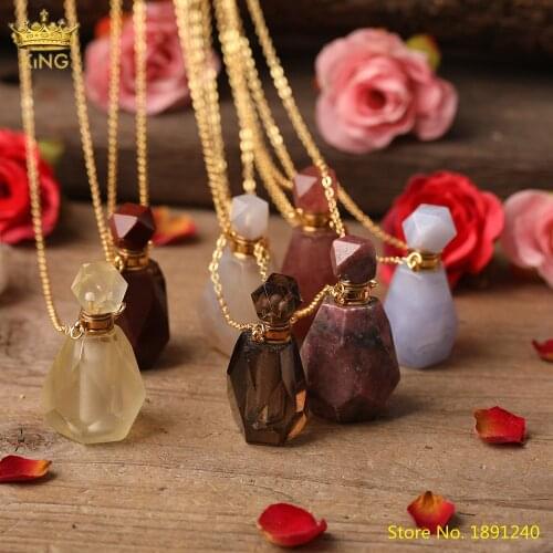 Faceted Gems Stone Perfume Bottle Pendants Plated Gold Findings White Pink Quartz Crystal Essential Oil Diffuser Vial Necklace