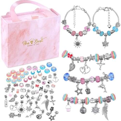 65pcs Charm Bracelet Kit Crystal Big Hole Space Beads Bead Drop Glass for Bracelet Jewelry Makings Childrens Gift with Gift Box