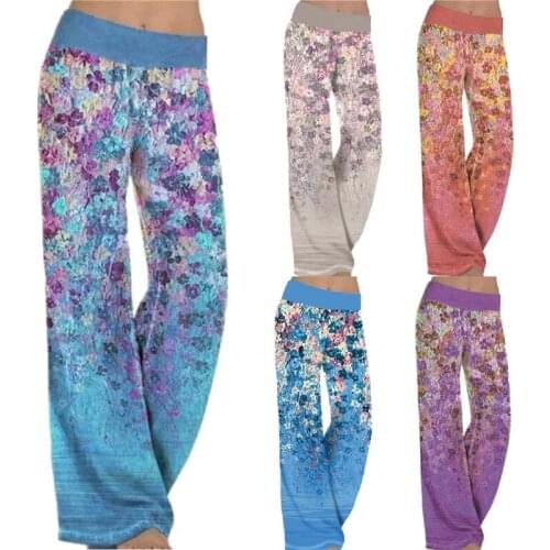Summer Womens Casual Yoga Wide Pants Printed Loose Yoga Pants Lady High Stretch Elastic Waist Floral Pants