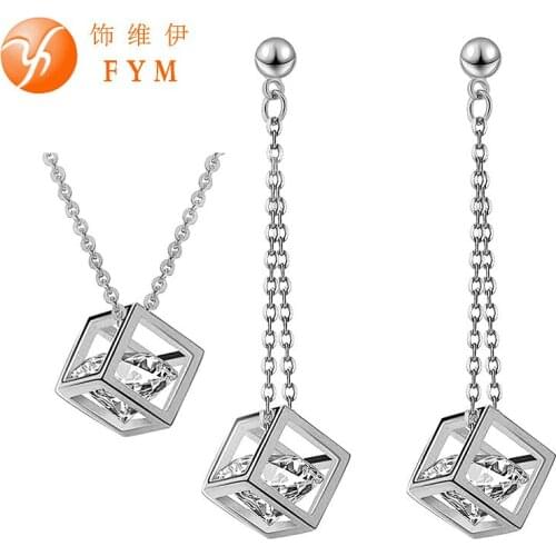 Newest Fashion Cube Jewelry Sets Silver Gold Color AAA Cubic Zircon Necklace & Earrings Jewelry Set for Women Girlfriend Gift