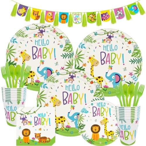 Jungle Animal Party Disposable Tableware Paper Plate Cups Happy Birthday Decoration For Kids Hello Baby Baby Shower Decor