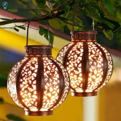 LED Solar Lantern Light Hollow Lantern Floral Projection Light Waterproof Outdoor Garden Decoration Wrought Iron Hanging Lamps
