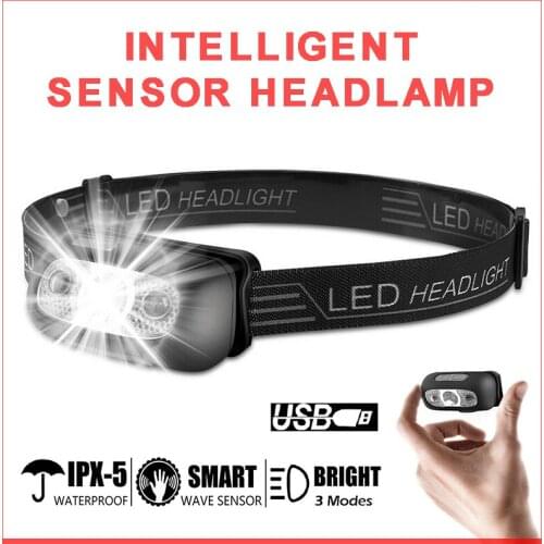 USB Rechargeable LED Headlamp Waterproof Motion Sensor Camping Fishing Headlight Flashlight Head Light Torch Lamp