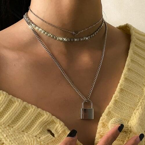 YC-UPGO 2021 Fashion Multilevel Heart-shaped Crystal Smooth Lock Pendant Necklaces For Women Vintage Female New Jewelry Gift