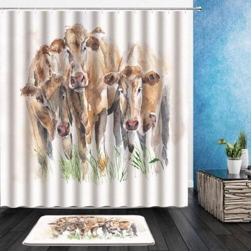 2pcs Set Funny Animal Shower Curtains Cows Penguin Zebra Giraffe Cute Animals Pattern Bathroom Hanging Curtain With Flannel Mat