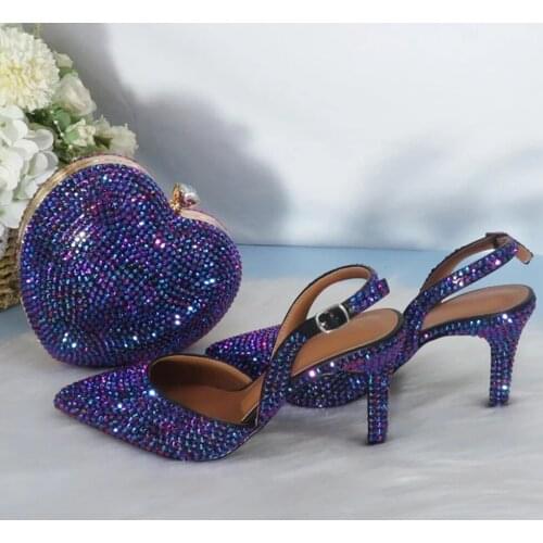 New Women Purple Pointed Toe Sandal Crystal Bridal Wedding Shoes And Heart Bag High Heels Bling Party Dress Shoes With Handbag