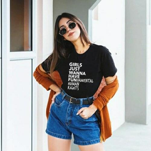 Women T Shirts Girls Just Wanna Have Fundamental Human Rights Letter Print Feminist T-Shirt Short Sleeve Summer Tops Tees Tumblr