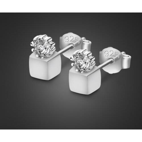 Authentic 925 sterling silver FashionJewelry Simple Solid silver Square Stud Earrings For Women zircon Earring girl