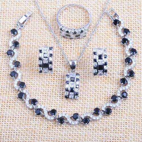 Womens Necklace and Earrings Jewelry Set Bracelet for Women Silver Color With Pendant Black Zirconia Rings 2020 New