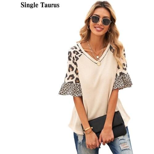 Female Ruffled Short-sleeved Top 2021 Summer Leopard Stitching Casual Loose Cute Womens Thin Sweaters Knitted Pullover Tops