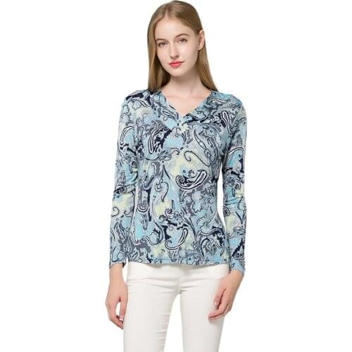 Women V-neck Silk T-shirt Long-sleeved Printed Bottom T-Shirt Thin Temperament Mulberry Silk Knitted Top Girl Graphic Tee