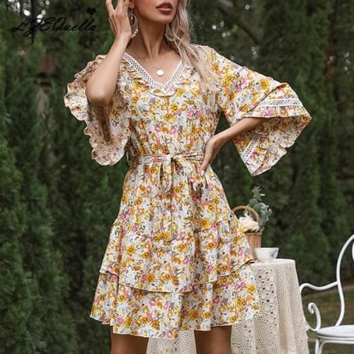 Boho Floral Print A Line Mini Dress Women Flare Sleeve V Neck Dresses Holiday High Waist Ruffles Pleated Party Vestidos NZ3538