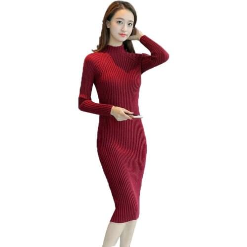 Female knit Sweater Dress Winter Fashion Sexy Thicken Warm Pack hip Slim Dress Women Vestido Mid-length Pullover knit Dress T363