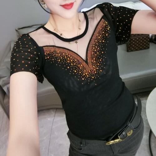 #6090 Black Red Spliced Gauze O Neck Short Sleeve T Shirt Women Sexy T Shirt For Girl Hollow Out Tee Shirt Vogue With Diamonds