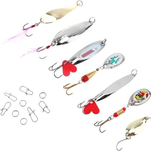 7pcs/lot Metal Spoon Lures Kit Feather Spinner Gear Bait with Connectors and Double Loop