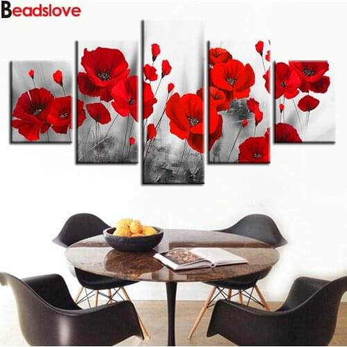Diamond painting 5 Pieces Romantic Poppies Paintings Red Flowers Poster Modular Home Decor