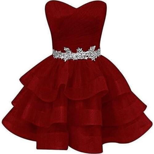 Ball Gown Burgundy Homecoming Dresses Sweetheart Sleeveless Prom Gowns Beading Ruffles Mini Party Dresses Graduation Gowns
