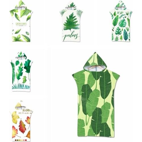 Printed Green Leaves Bath Beach Towel Microfiber Hooded Robe Towel Poncho for Swimming Beach Surf Woman Bathrobe Beachwear