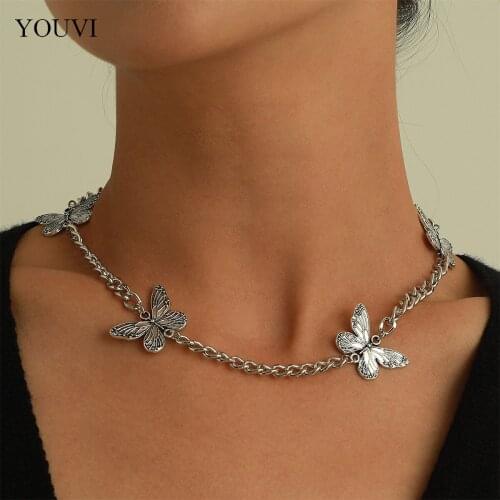 YOUVI Chain Butterfly Pendants Women Necklace Jewelry Steel Color Goth Charm Choker Necklaces Boho Vintage Fashion Collar