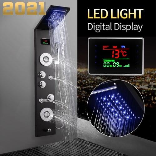 Black Shower Panel 4 Function Waterfall Rainfall Massage Jets Shower Set with Rain Shower Head