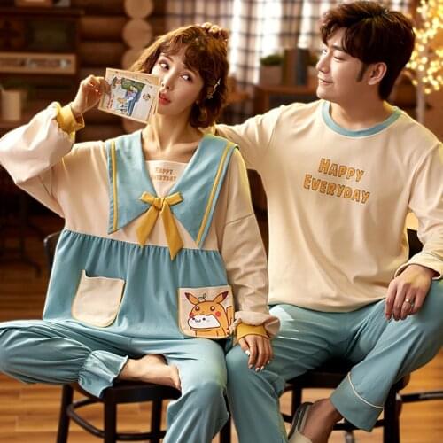 SLPBELY Cotton Couple Pajamas Set Homewear Spring Cartoon Lapel Long Sleeve Men And Women Pyjamas Lovers Sleepwear Home Suit