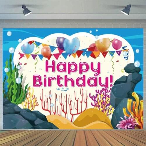 Mermaid Birthday Backdrop Blue Underwater World Photography Background Coral Seaweed Balloons Newborn Kids Party Decor Poster