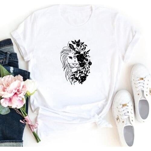 Lion and Flower Pattern T-shirt Femme Cute Funny Womans TShirt Tops Aesthetic Streetwear Fashion O-neck T Shirts Cotton Woman