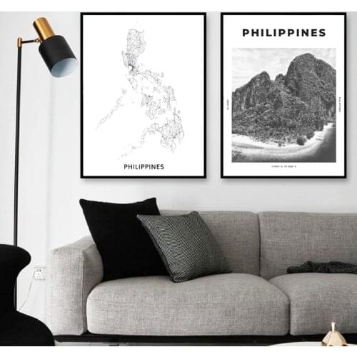 Philippines Map Canvas Print Black White Poster Travel Wall Art Pictures Philippines City Coordinates Art Painting Home Decor