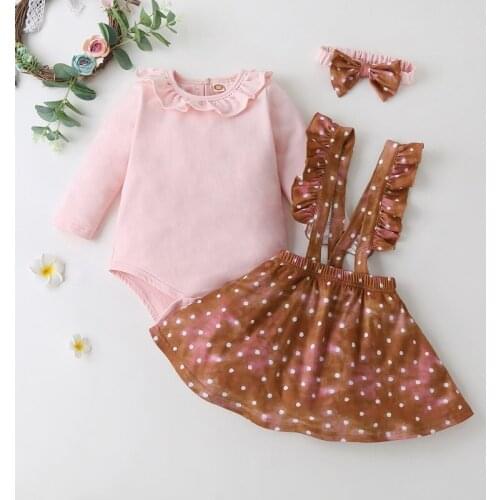 Baby Gril Clothes Set 3 Pcs Solid Long Sleeve Romper Tops+dot Ruffles Suspender Skirt+bow Headband Sweet Baby Girl Outfit 0-18M