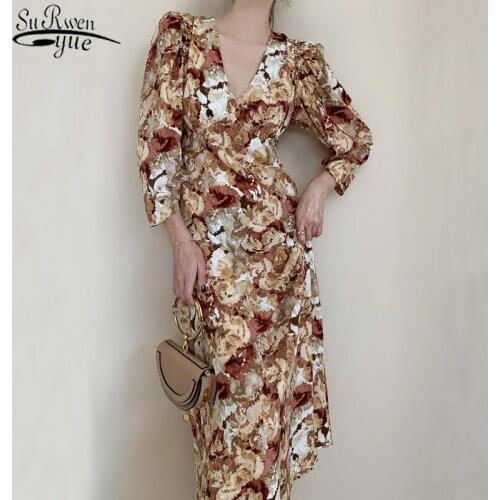 Fashion Early Autumn Winter Vintage High Waist Three Quarter Sleeve Women Dress Ink Painting Sexy V Collar Dress Woman 12152