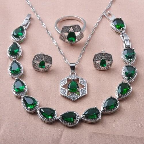 2020 New For Women Wedding Jewelry Green Zirconia Silver Plated Jewelry Sets Earrings Rings Bracelet Birthday Gifts YZ0640