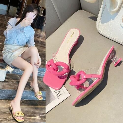 2021 New Summer Transparent High Heels Womens Slippers Open Toe Square Head One-word Chain Stiletto Heel Sandals