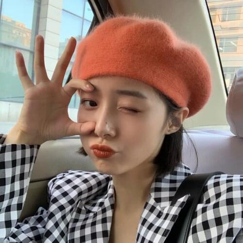 New Fashion Winter Women Rabbit Fur Beret Hat Elegant Ladies Solid Cap Thicken Warm Earmuffs Knitted Beanie Hat Beret Hat