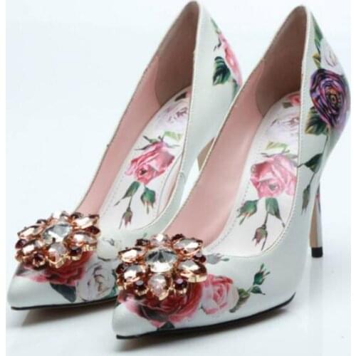 New Flower Print Slip on Bridal Pumps Diamond Decoration Thin High Heels Woman Fashion Crystal Party Lady Dress Shoes