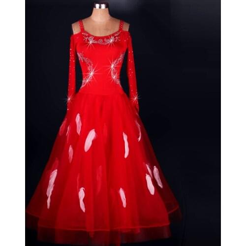 New Black Red Dress For Ballroom Dances Standard Sexy Long Sleeve Feather Professional Waltz/Tango-Dancing Dresses DL2150