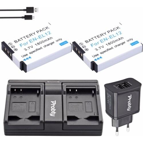 Probty 2pcs 1800mAh EN-EL12 EN EL12 ENEL12 Replacement camera Battery + Charger + 2-Port Plug For Nikon s6100 s6000 s9100 p30