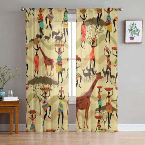 Retro African Women Animal Giraffe Sheer Curtains for Living Room Bedroom Tulle Curtains Kitchen Window Treatments Panel Drapes